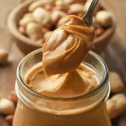 a spoon full of peanut butter on top of a jar