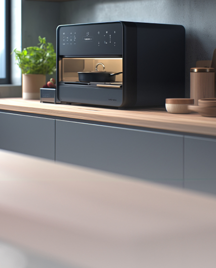 a black microwave oven sitting on top of a counter