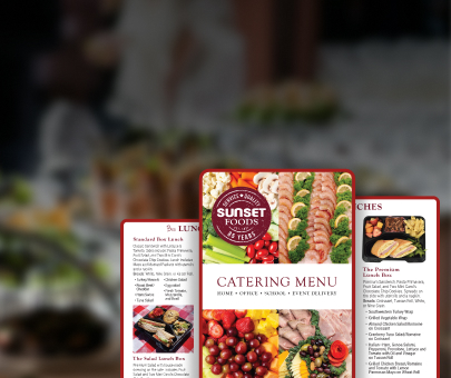 Catering menu pamphlets for Sunset Foods with images of dishes