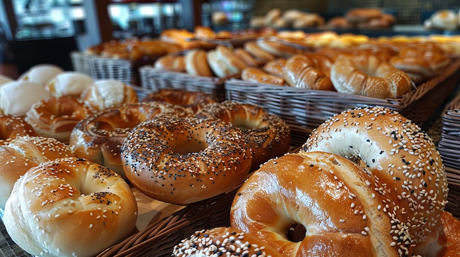 freshly baked bagels with seeds displayed in baskets at the Sunset Bakery