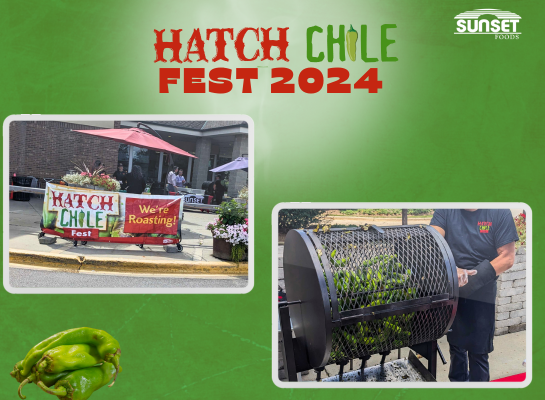 Two images for Hatch Chile Fest 2024: an event banner and chiles roasting, with the Sunset Foods logo on a green background