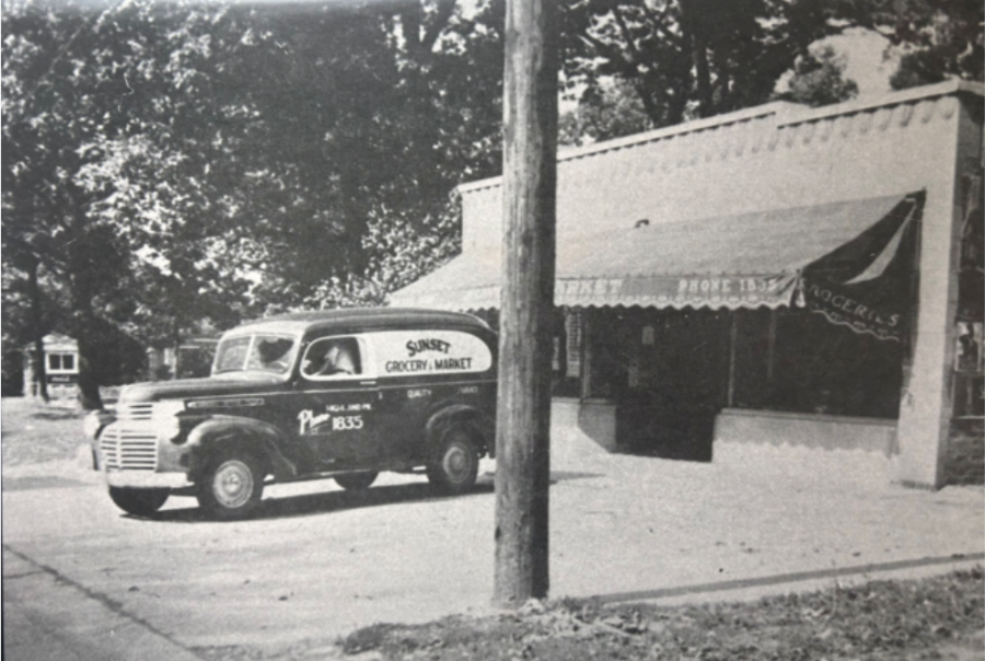 a black and white photo of a grocery store