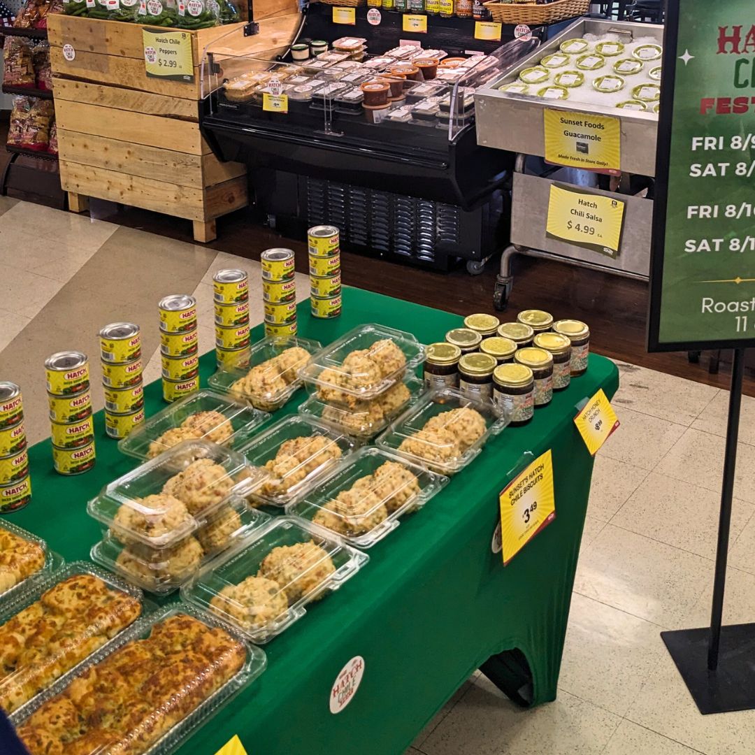 A collage of various Hatch chile products available at Sunset Foods, including salsa, cheese, and burgers.