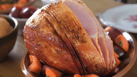 A complete Thanksgiving ham dinner with all the sides.