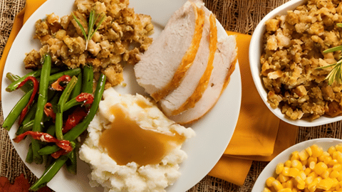 A complete Thanksgiving turkey dinner with all the sides.